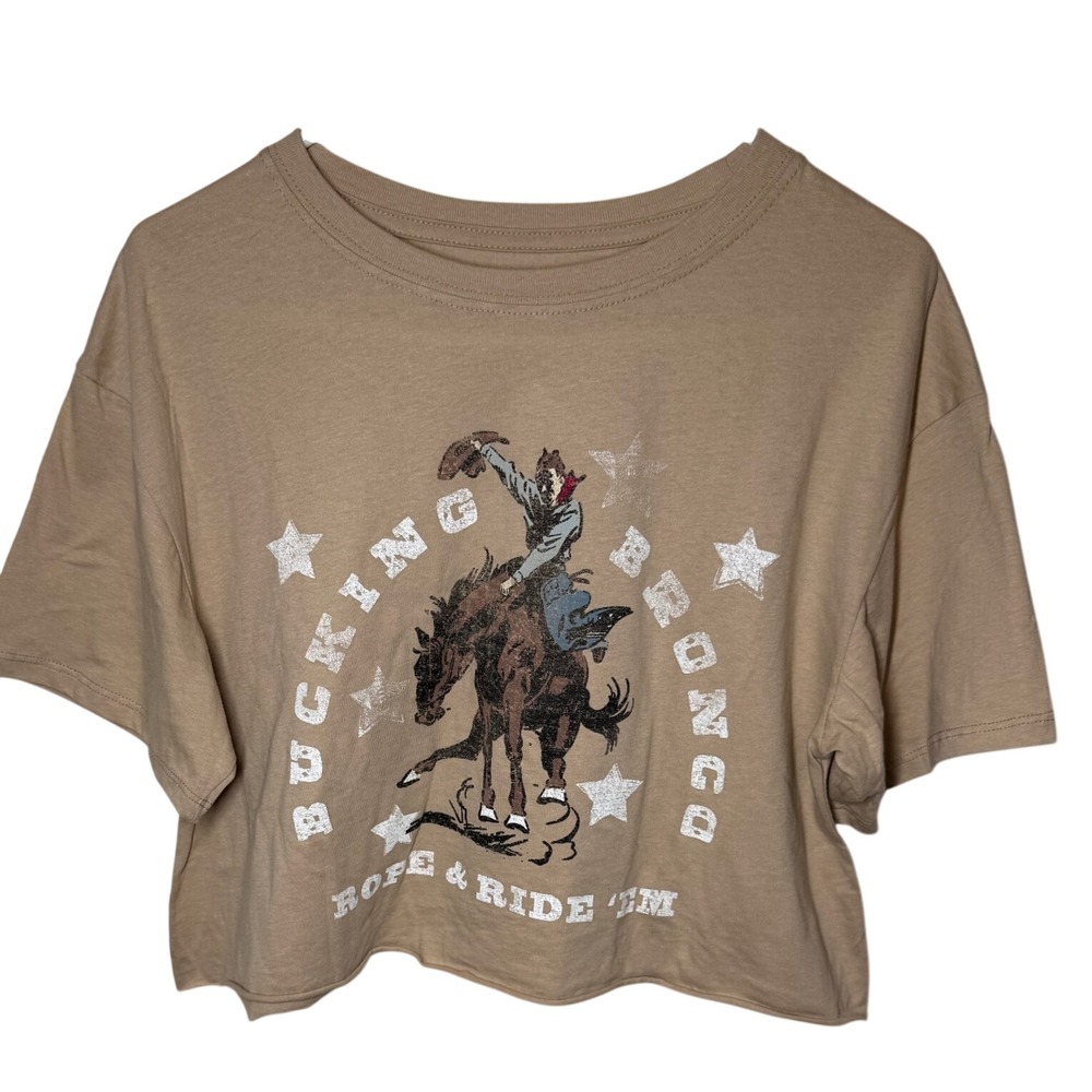 Cold Crush Bucking Bronco Western Graphic Crop Top Tan Khaki Cotton Large